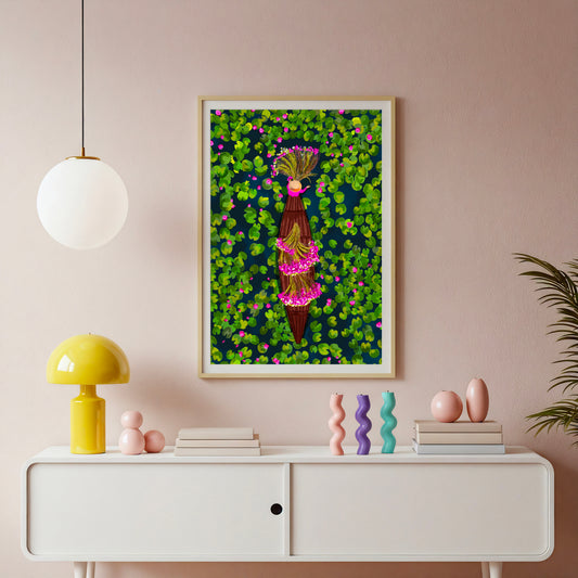 Vietnam Travel Print | Collecting Water Lilies From A Boat shown in a room setting | Mauds Studio