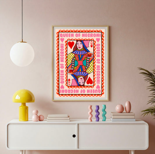 Queen of Negroni Playing Card Print | Cocktail Print shown in a room setting | Mauds Studio