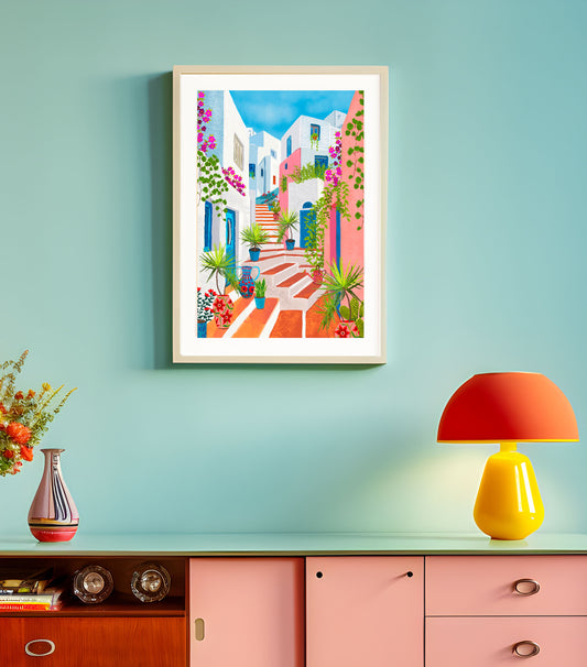 Santorini Streets Art Print shown in a room setting | Mauds Studio