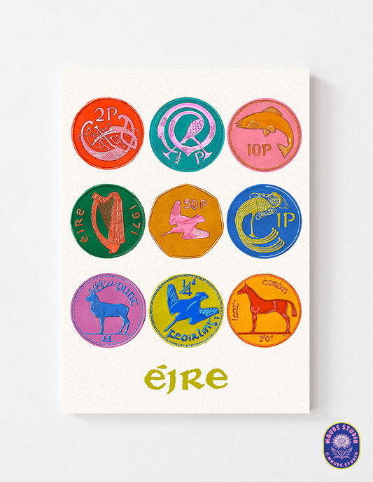 Set of 2 Irish Prints | Irish Stamps | Irish Coins shown in a room setting | Mauds Studio