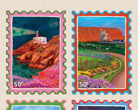 Illustrated Irish Travel Stamp Collection | Wall Art Print shown in a room setting | Mauds Studio