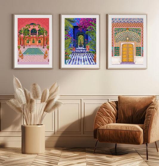 Set of 3 Travel Prints - Moroccan Riad | Majorelle Garden | Lotus Gate shown in a room setting | Mauds Studio