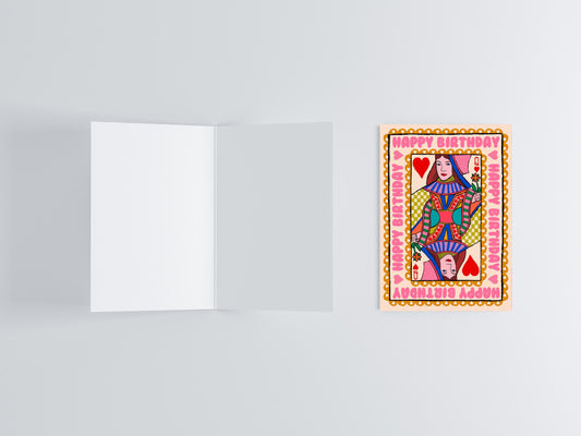 Happy Birthday Queen Of Hearts Playing Card Greeting Card flat lay photo | Mauds Studio