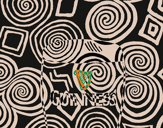 Guinness Monochrome Abstract Art Print | Celtic Tri-Spiral Print shown in a room setting | Mauds Studio