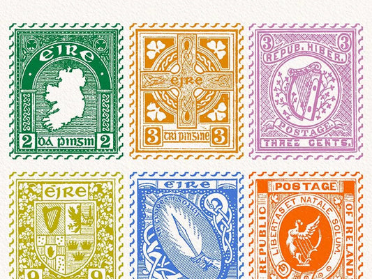 Irish Vintage Stamps Wall Art Print shown in a room setting | Mauds Studio
