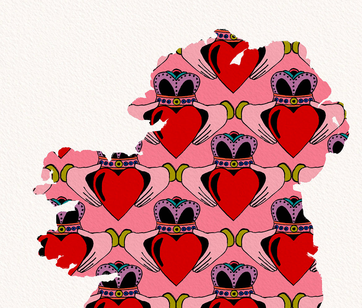 Pattern of red hearts with decorative Claddagh on a pink background