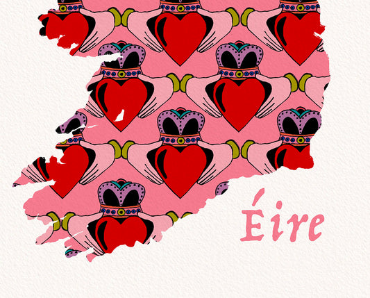 Map of Ireland with heart pattern on a pink background, featuring the word 'Éire'.