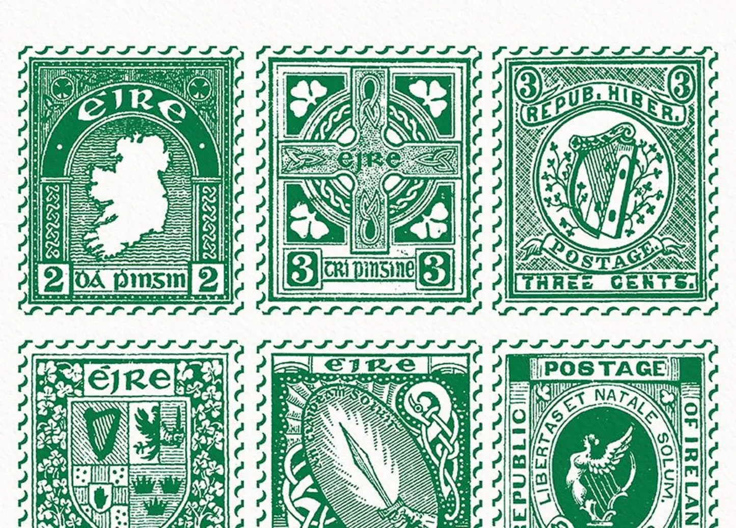 Vintage Irish Stamp Collection – Green | Irish Wall Art Print shown in a room setting | Mauds Studio