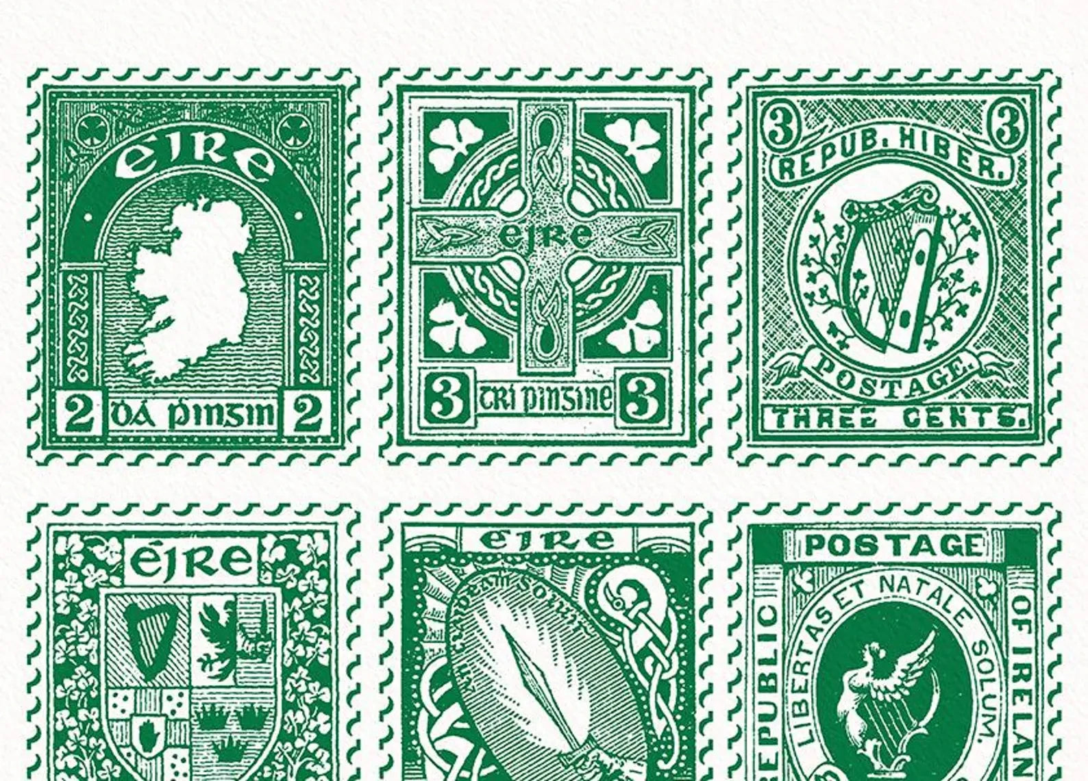 Vintage Irish Stamp Collection – Green | Irish Wall Art Print shown in a room setting | Mauds Studio