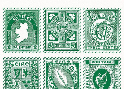 Vintage Irish Stamp Collection – Green | Irish Wall Art Print shown in a room setting | Mauds Studio