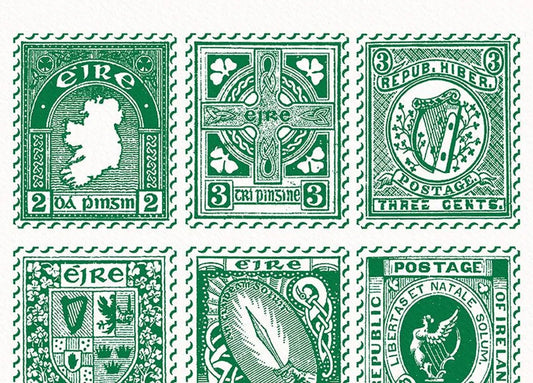 Vintage Irish Stamp Collection – Green | Irish Wall Art Print shown in a room setting | Mauds Studio