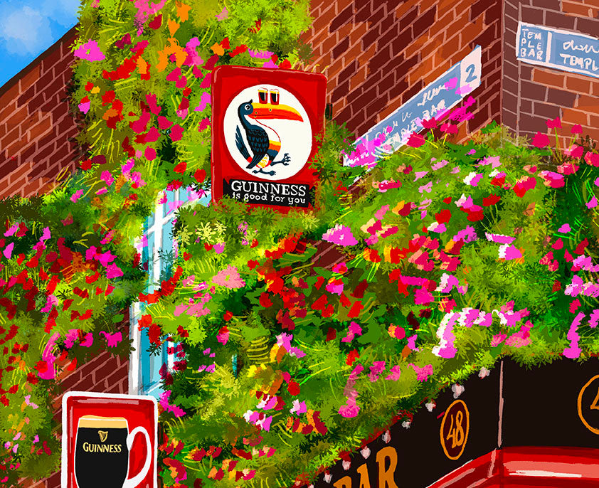 Temple Bar Dublin | Guinness Signs | Floral Wall Art Print close up detail | Mauds Studio