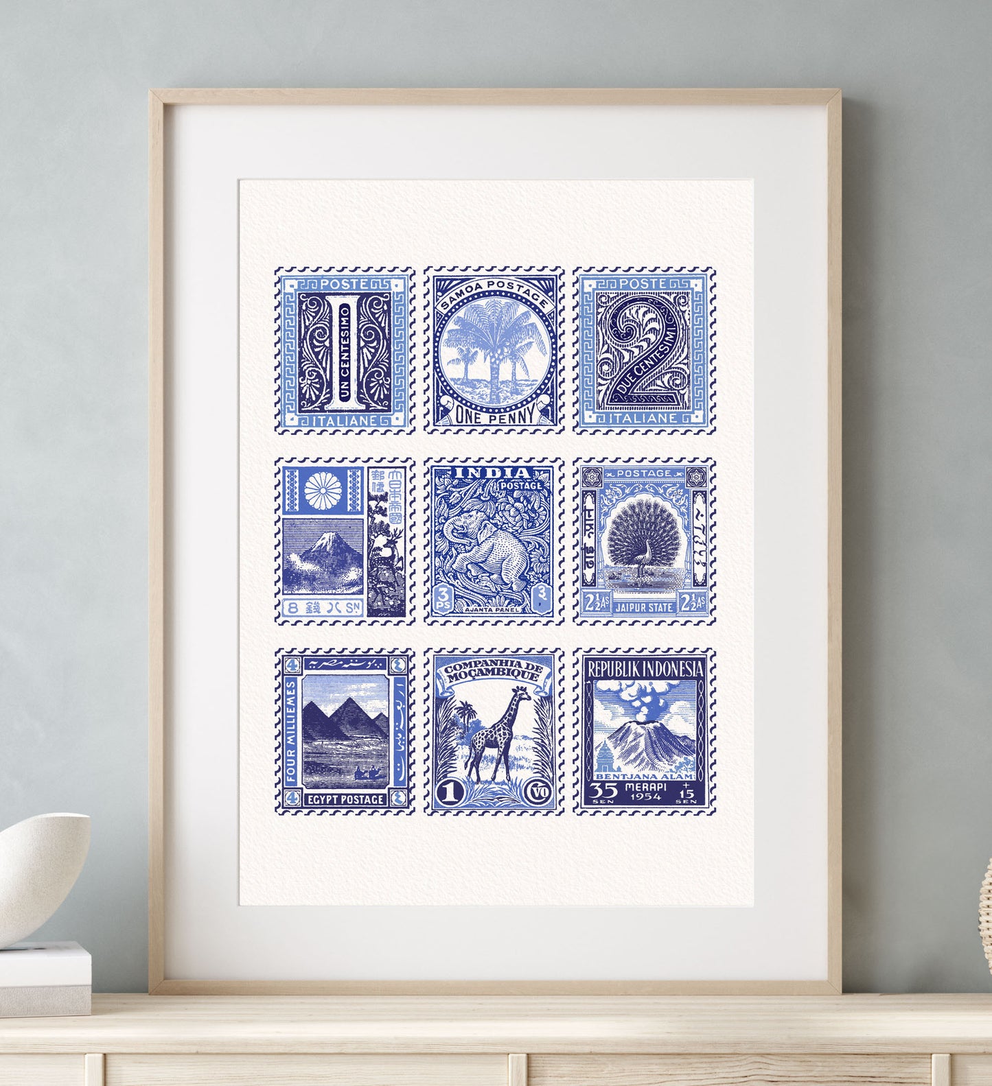 Vintage Blue Stamp Collection Travel Wall Art Print | Mauds Studio