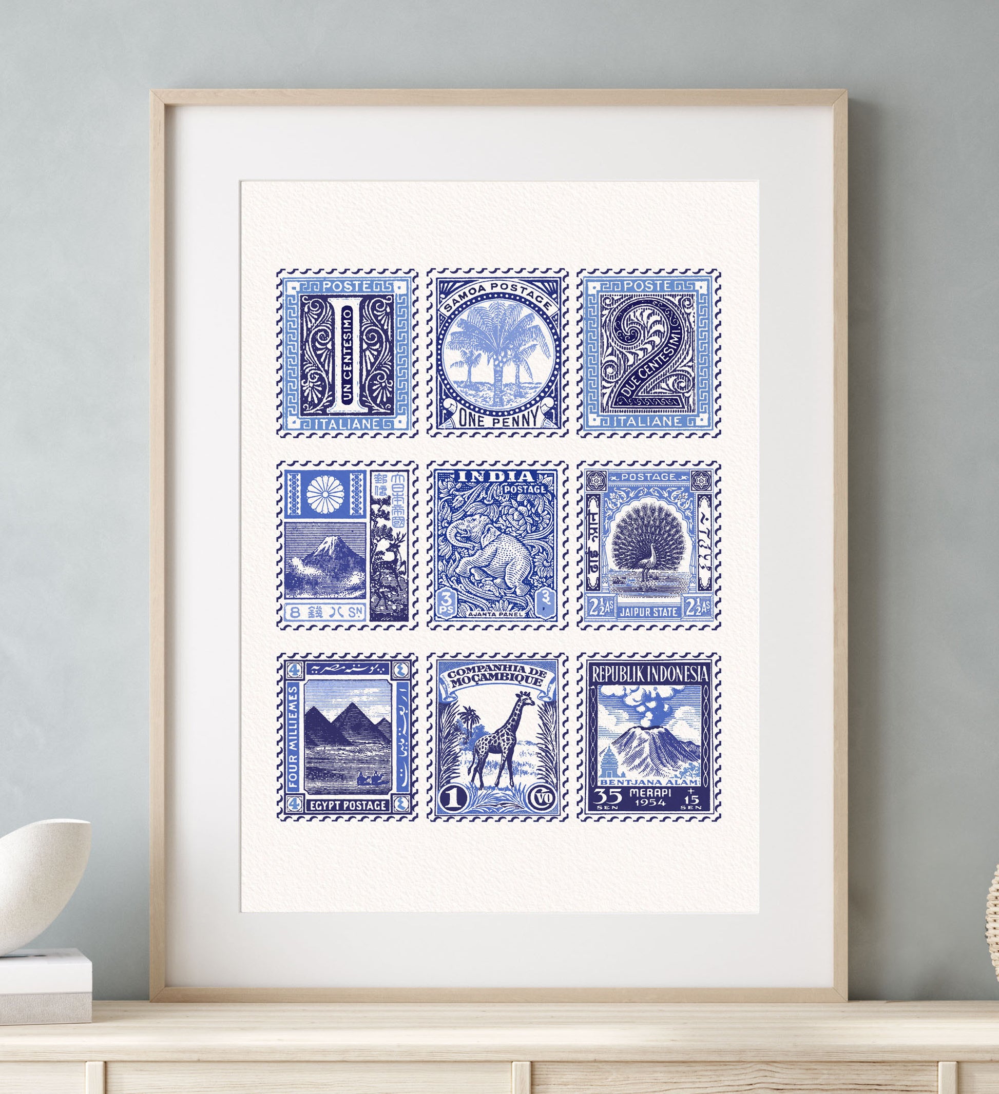Vintage Blue Stamp Collection Travel Wall Art Print | Mauds Studio