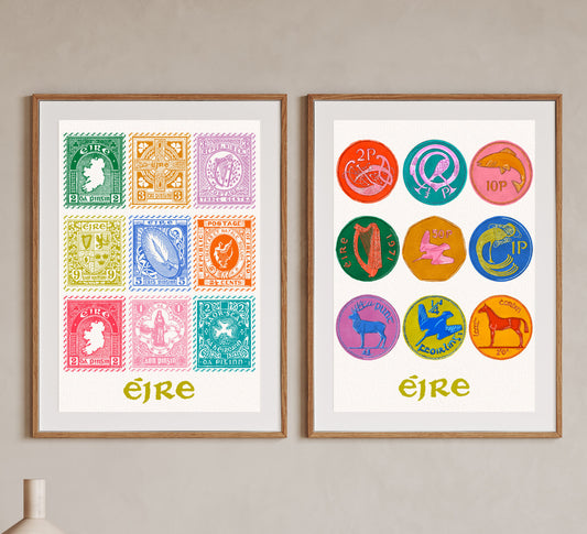 Set of 2 Irish Prints | Irish Stamps | Irish Coins | Mauds Studio