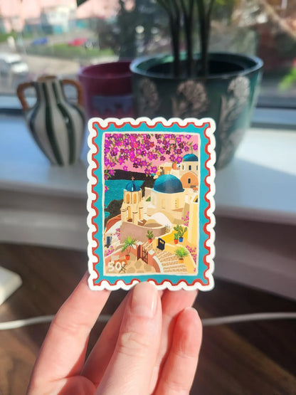 Santorini Stamp Vinyl Travel Sticker shown on a surface | Mauds Studio