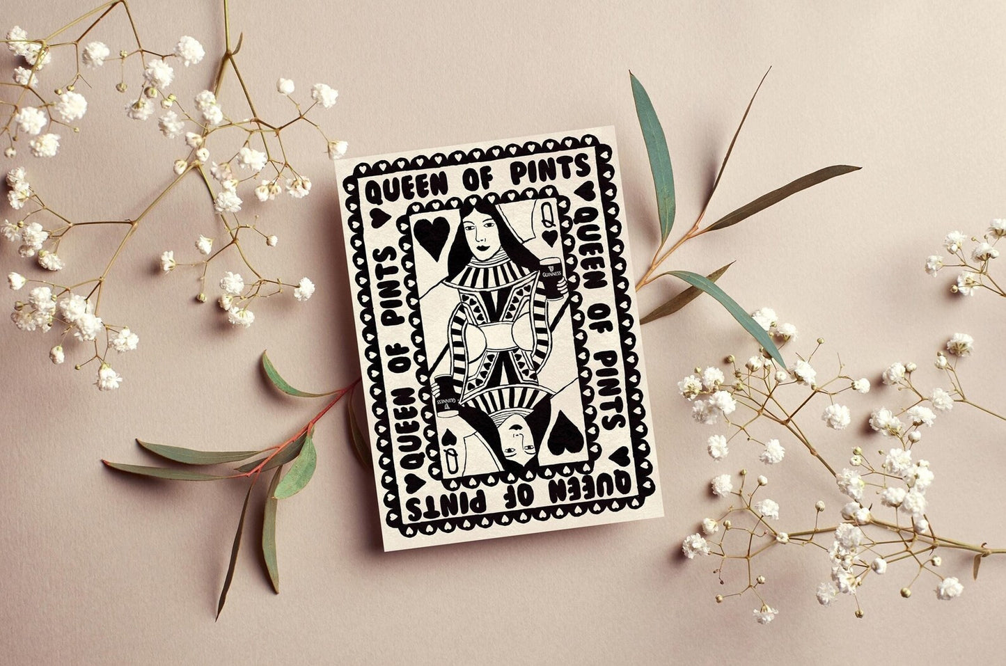 Black & White Queen Of Pints Greeting Card | Mauds Studio