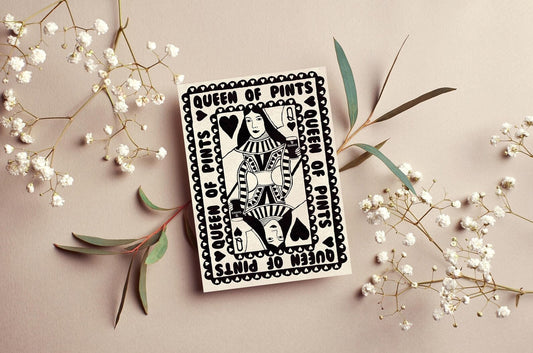 Black & White Queen Of Pints Greeting Card | Mauds Studio