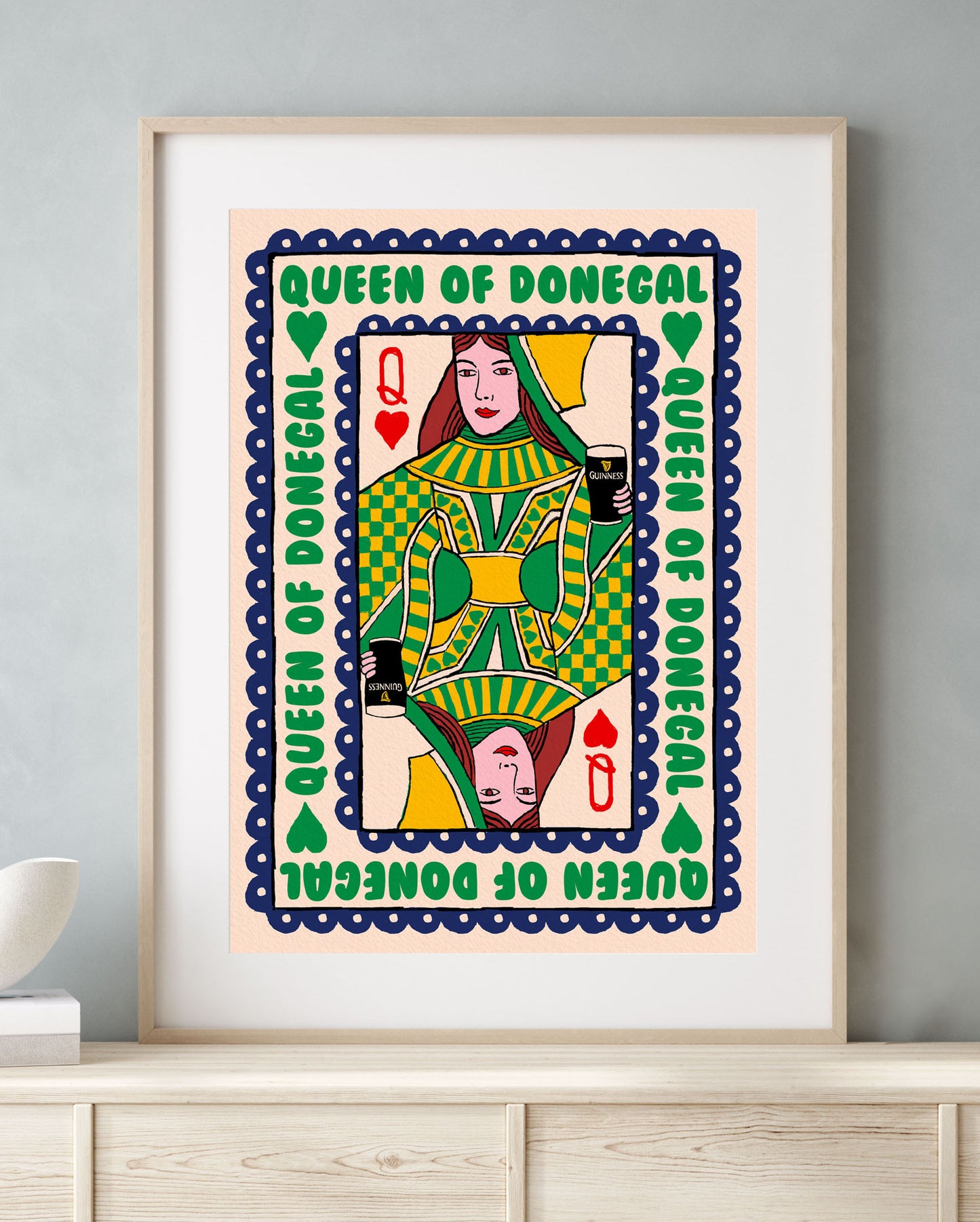 Donegal King or Queen - Playing Card Guinness Print shown in a room setting | Mauds Studio