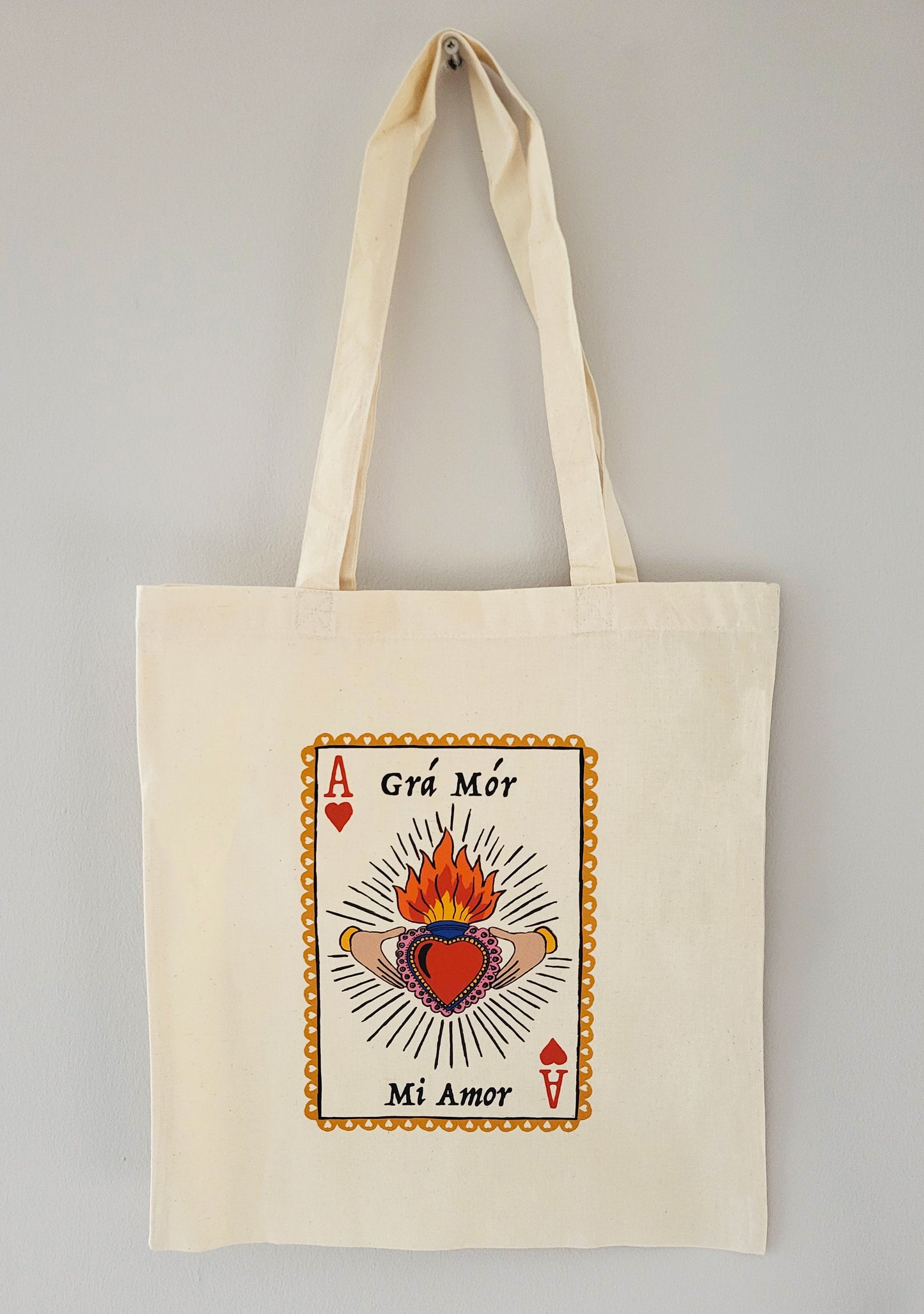 Grá Mór Sacred Heart & Claddagh Tote Bag close up detail | Mauds Studio