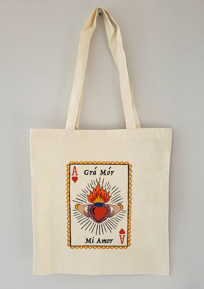 Grá Mór Sacred Heart & Claddagh Tote Bag close up detail | Mauds Studio