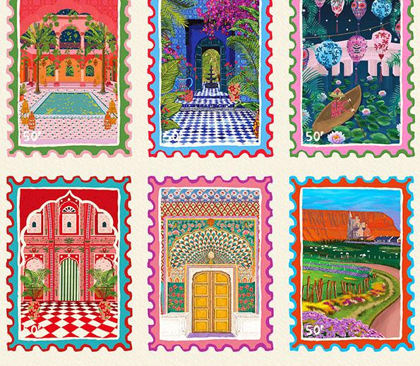 Illustrated Travel Stamp Collection Wall Art Print close up detail | Mauds Studio