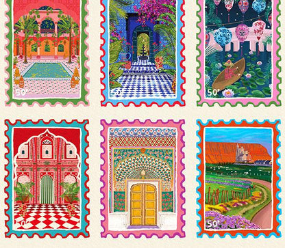 Illustrated Travel Stamp Collection Wall Art Print close up detail | Mauds Studio