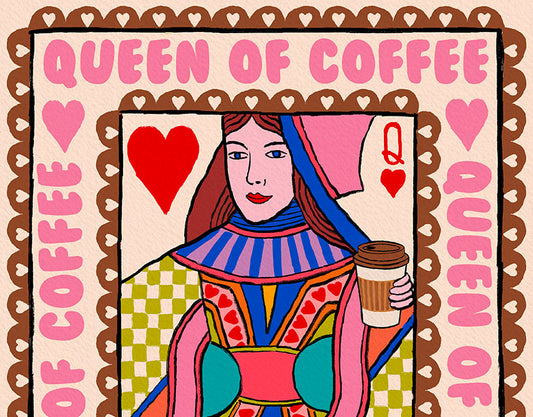 Queen of Coffee | Playing Card Wall Art Print shown in a room setting | Mauds Studio
