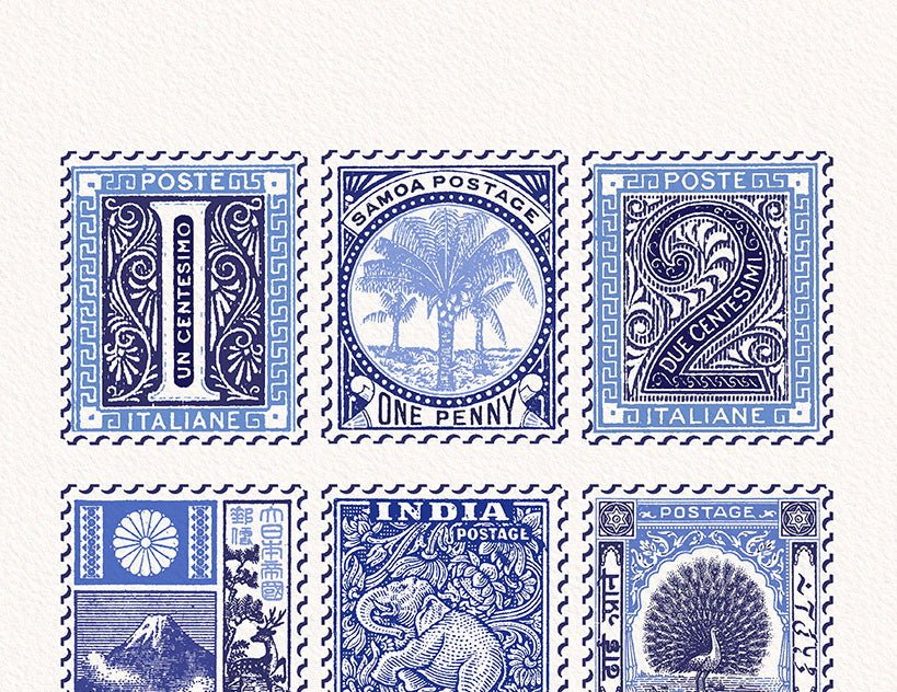 Vintage Blue Stamp Collection Travel Wall Art Print shown in a room setting | Mauds Studio