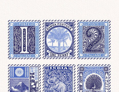 Vintage Blue Stamp Collection Travel Wall Art Print shown in a room setting | Mauds Studio