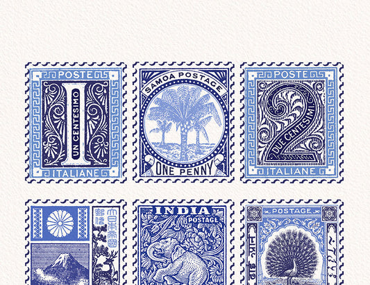 Vintage Blue Stamp Collection Travel Wall Art Print shown in a room setting | Mauds Studio