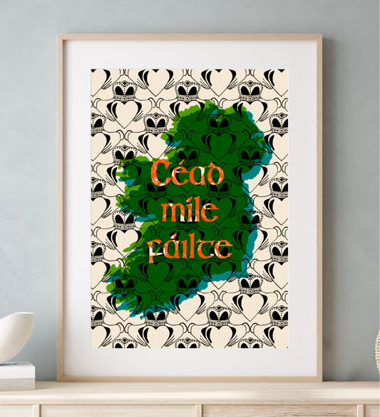 Céad Míle Fáilte | Claddagh Art Print shown in a room setting | Mauds Studio