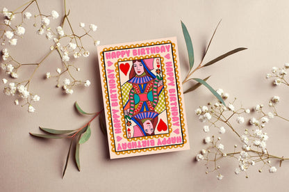 Happy Birthday Queen Of Hearts Playing Card Greeting Card | Mauds Studio