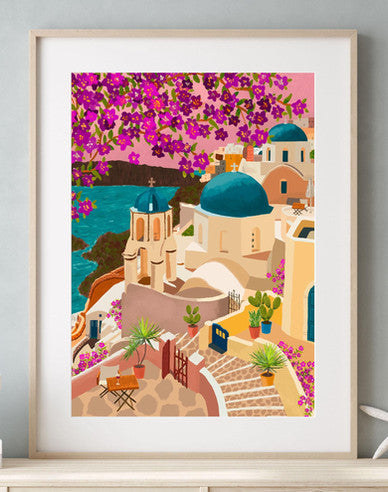 Santorini, Greece Sunset Print shown in a room setting | Mauds Studio