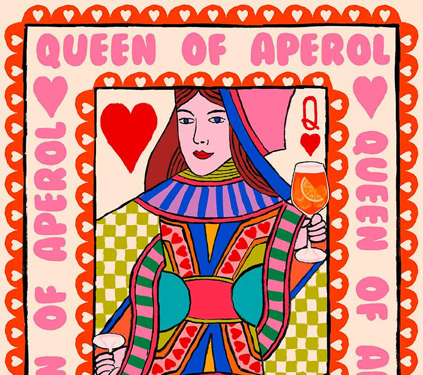 Queen Of Aperol Playing Card Art Print close up detail | Mauds Studio