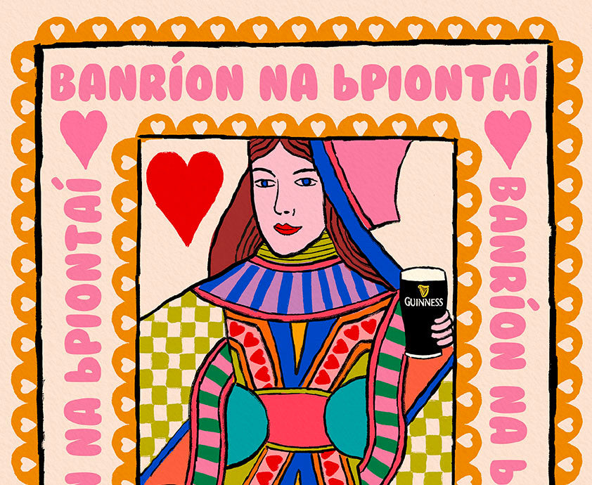 Queen of Pints (As Gaeilge) Irish Playing Card | Wall Art Print close up detail | Mauds Studio