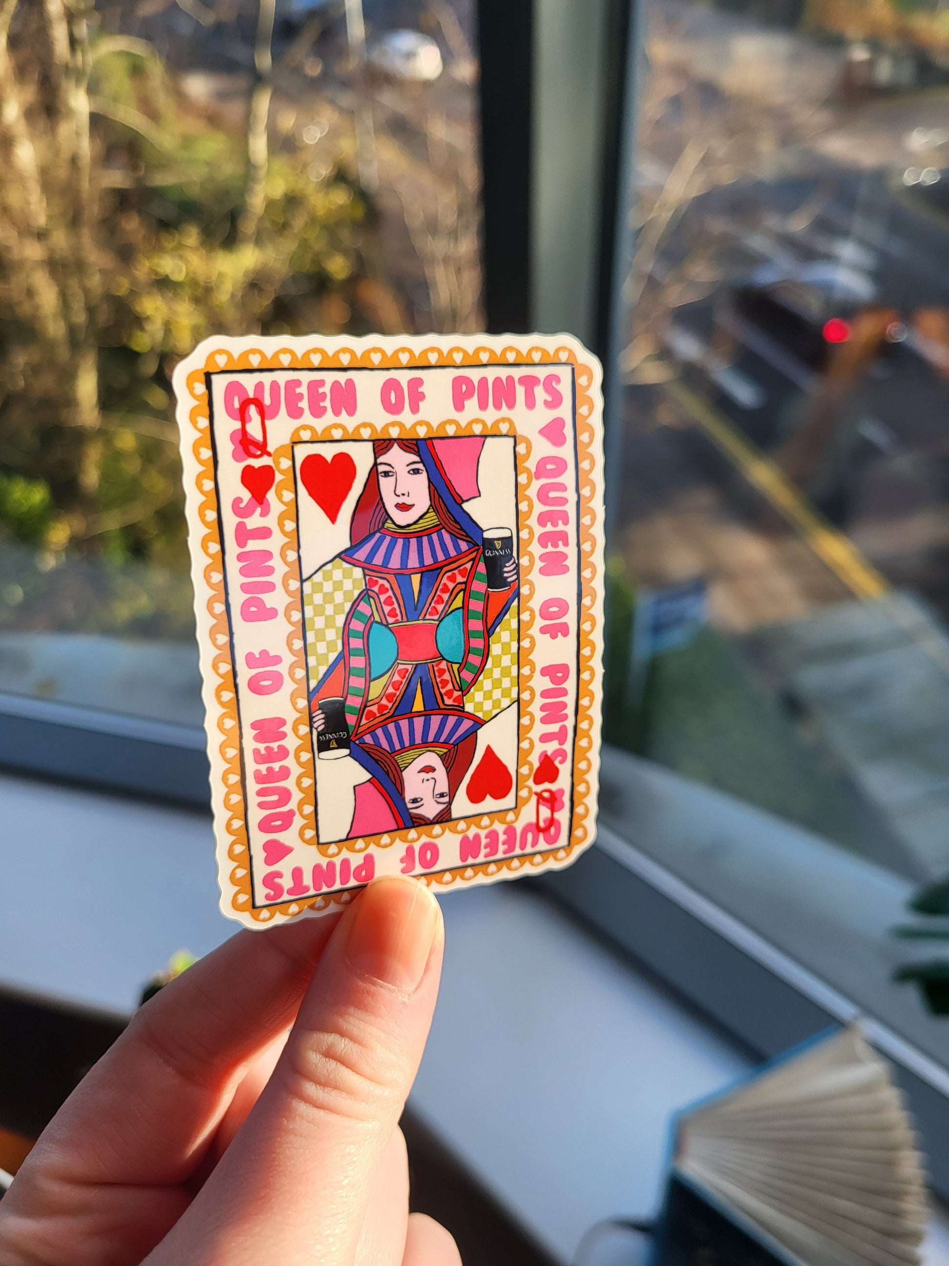 Queen of Pints Guinness Sticker : Irish Vinyl Sticker shown on a surface | Mauds Studio