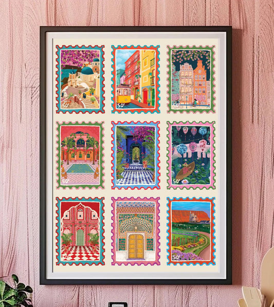 Illustrated Travel Stamp Collection Wall Art Print | Mauds Studio