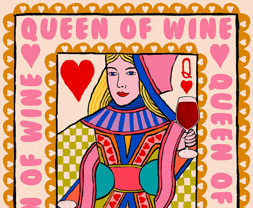 Queen of Wine Playing Card Wall Art Print | Red Or White shown in a room setting | Mauds Studio