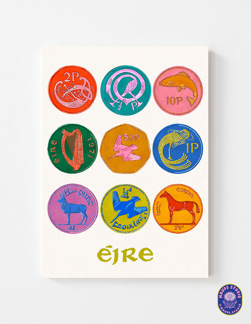 Set of 2 Irish Prints | Irish Stamps | Irish Coins shown in a room setting | Mauds Studio