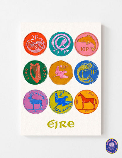 Set of 2 Irish Prints | Irish Stamps | Irish Coins shown in a room setting | Mauds Studio