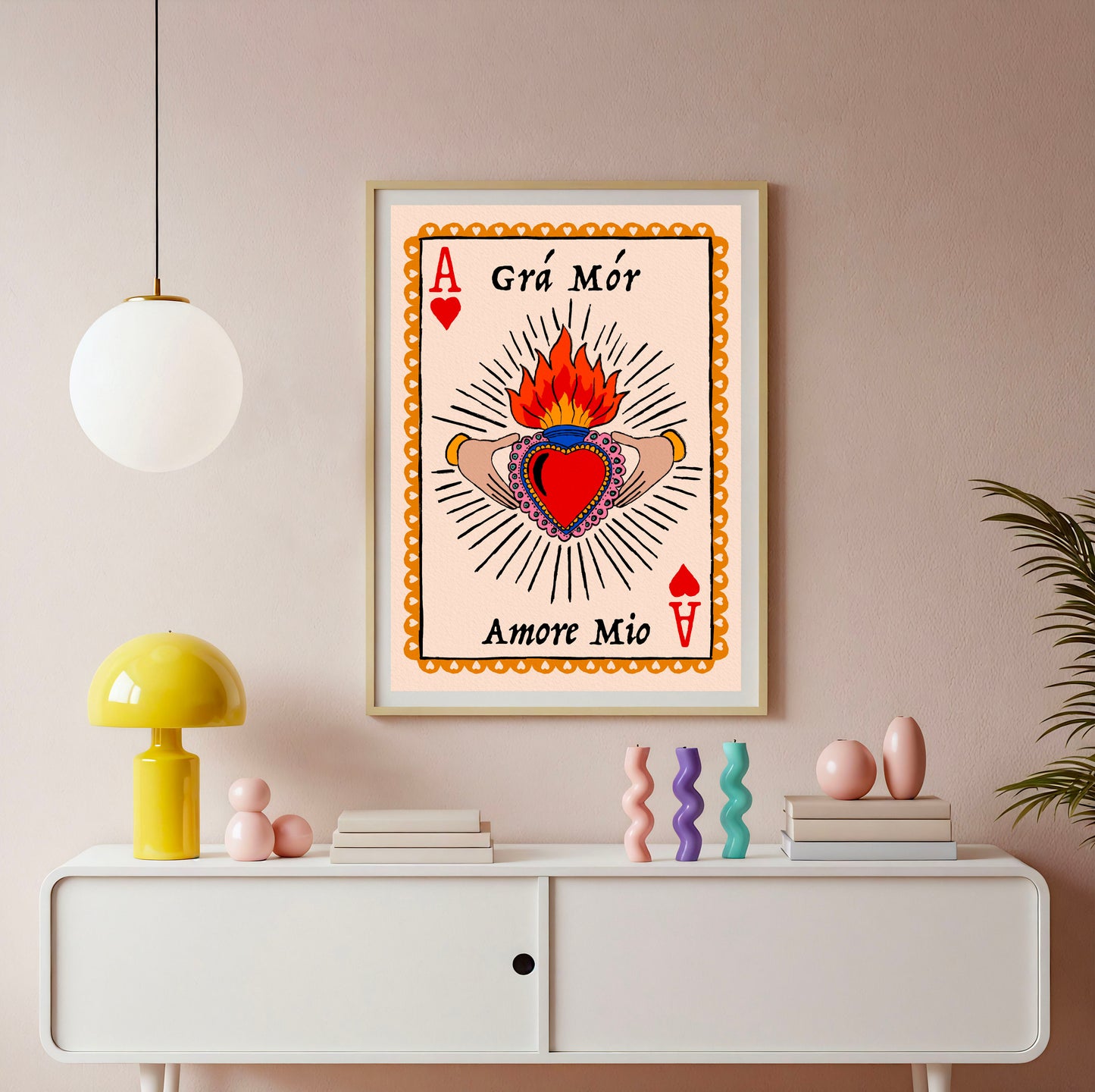 Claddagh Sacred Heart Print | Irish & Italian Grá Mór - Amore Mio shown in a room setting | Mauds Studio