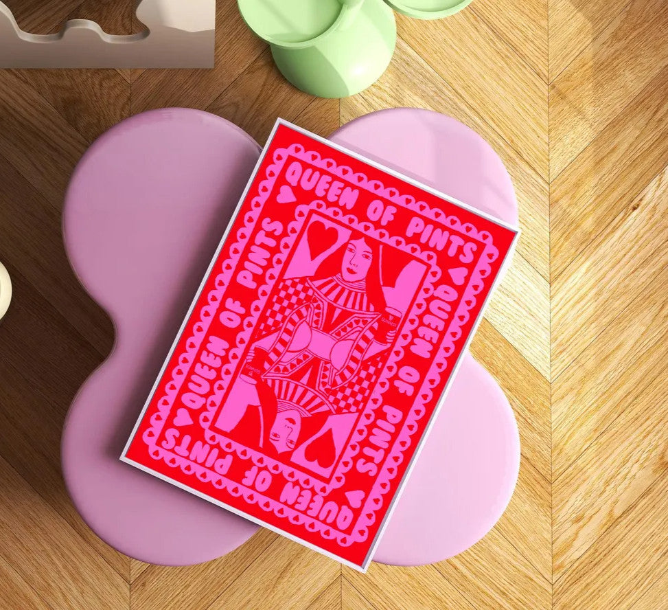 Pink And Red Queen Of Pints Playing Card close up detail | Mauds Studio