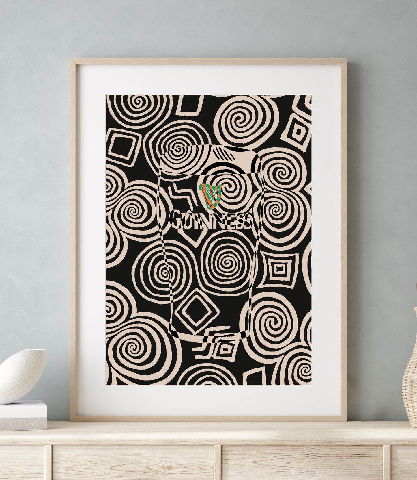 Guinness Monochrome Abstract Art Print | Celtic Tri-Spiral Print | Mauds Studio