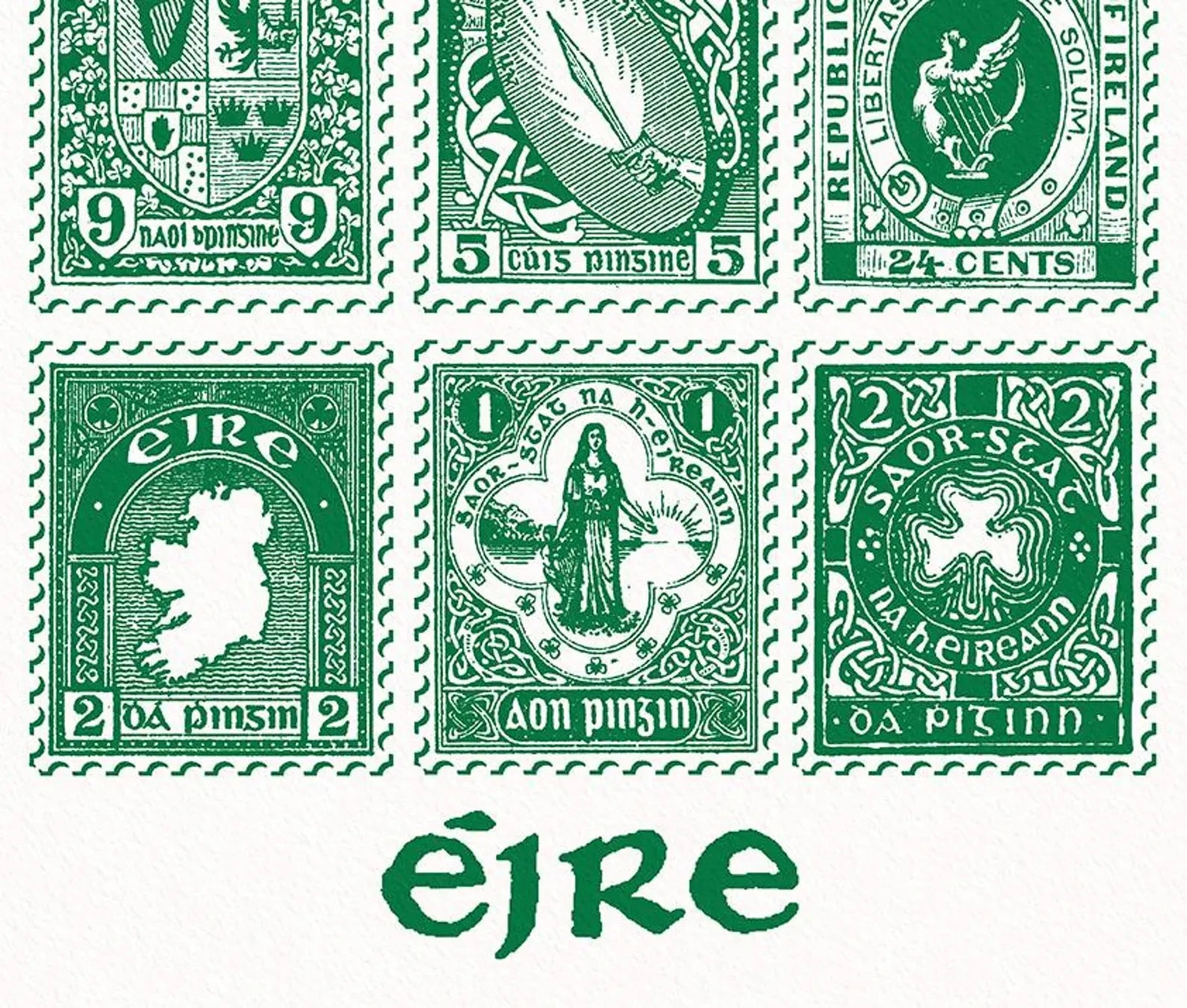 Vintage Irish Stamp Collection – Green | Irish Wall Art Print close up detail | Mauds Studio