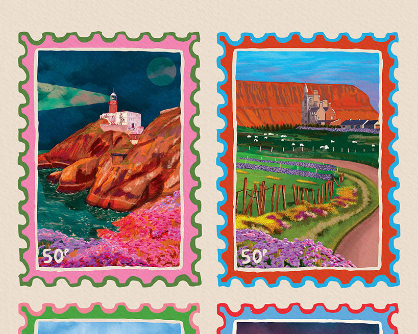 Illustrated Irish Travel Stamp Collection | Wall Art Print shown in a room setting | Mauds Studio