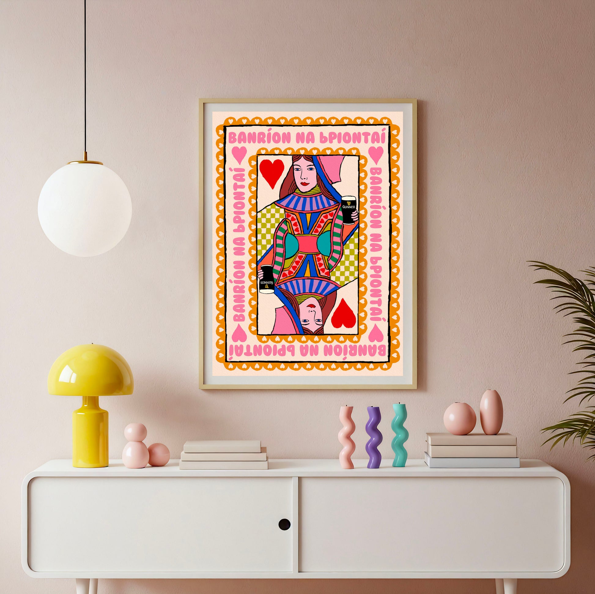 Queen of Pints (As Gaeilge) Irish Playing Card | Wall Art Print shown in a room setting | Mauds Studio