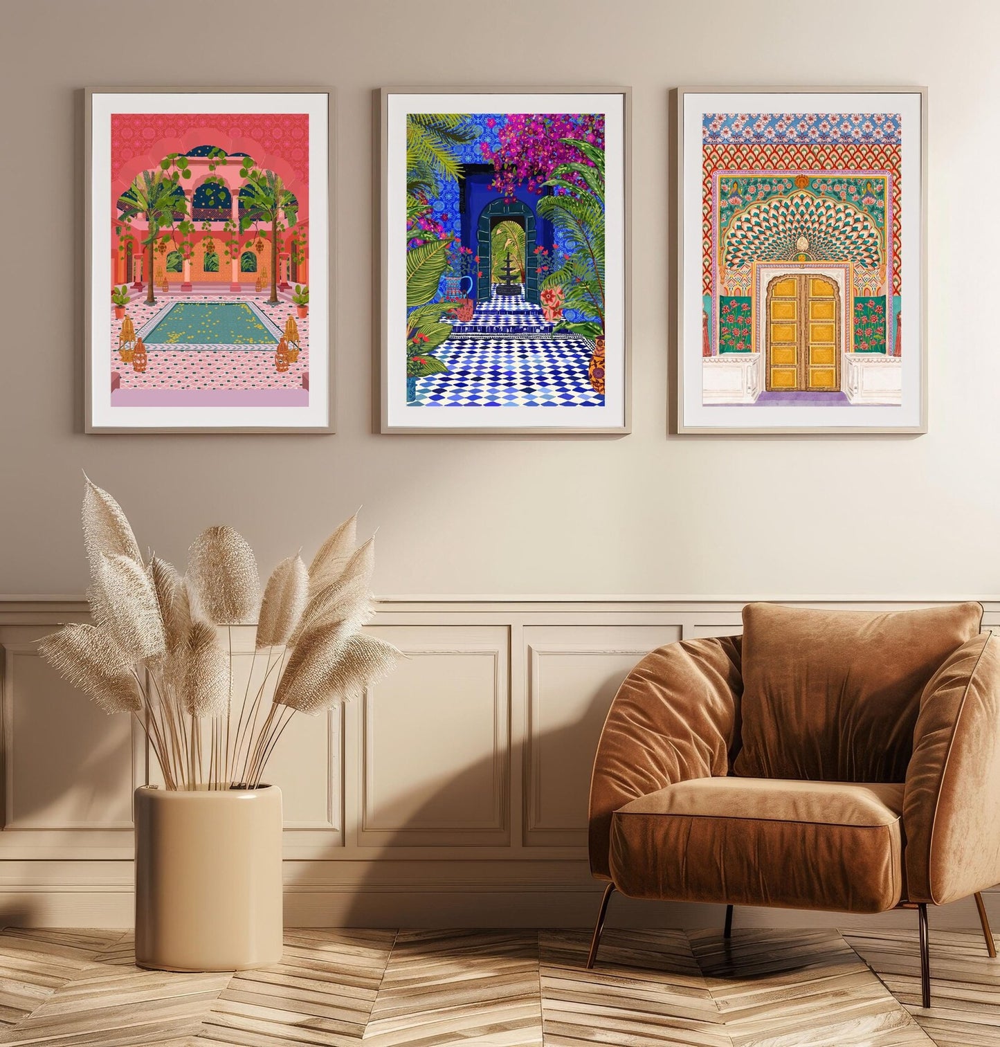 Set of 3 Travel Prints - Moroccan Riad | Majorelle Garden | Lotus Gate shown in a room setting | Mauds Studio