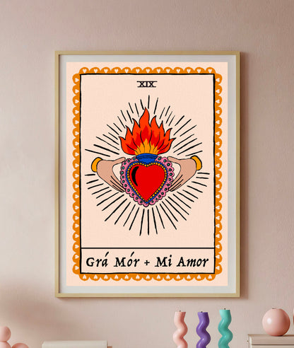 Grá Mór - Mi Amor | Claddagh & Sacred Heart Wall Art Print shown in a room setting | Mauds Studio