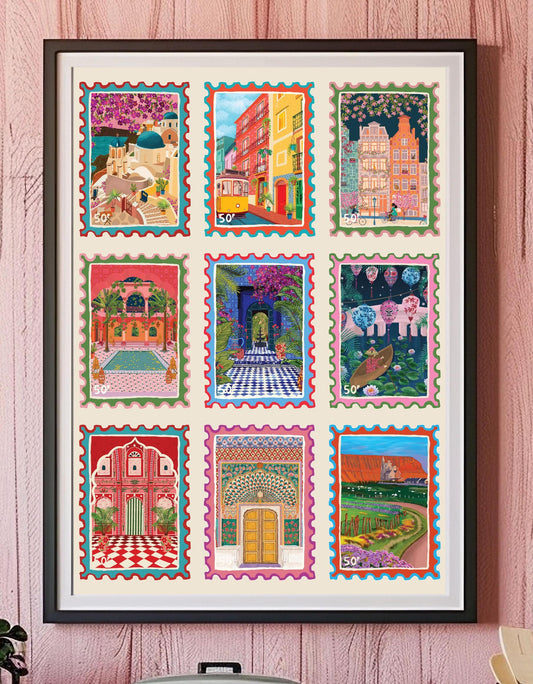 Illustrated Travel Stamp Collection Wall Art Print shown in a room setting | Mauds Studio